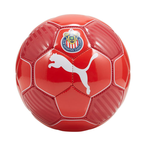 Red mini soccer ball with Chivas crest and white Puma cat on front panels