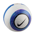 Premier League soccer ball in white with blue stripes, purple arcs, and black Nike swoosh