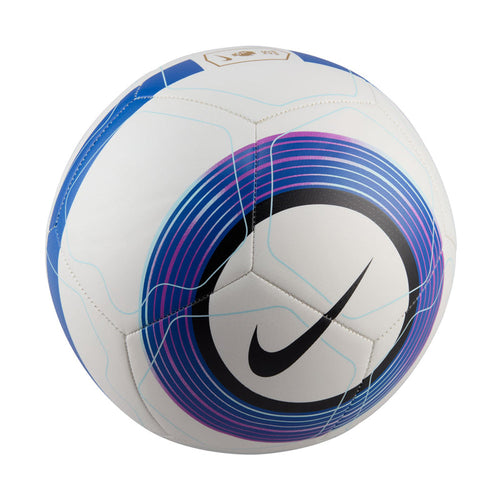 Premier League soccer ball in white with blue stripes, purple arcs, and black Nike swoosh