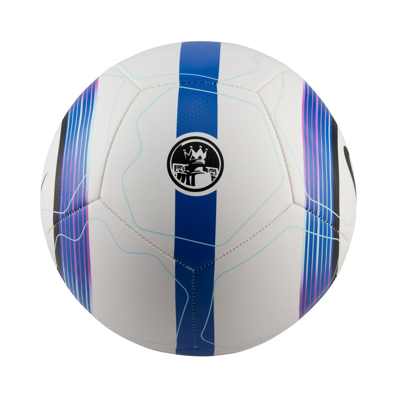 Premier League soccer ball with white panels and vertical blue center stripe, logo patch
