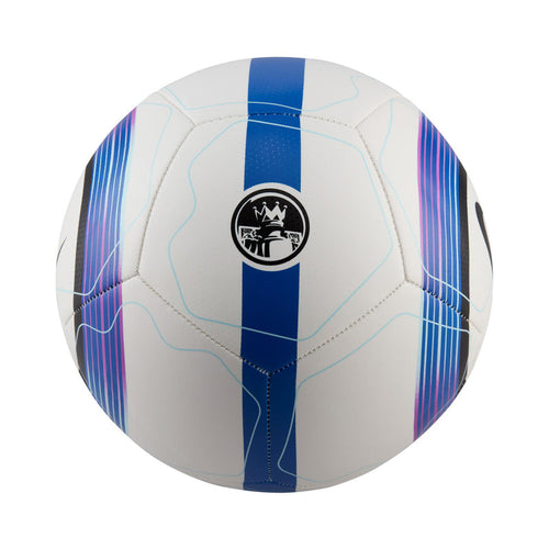 Premier League soccer ball with white panels and vertical blue center stripe, logo patch