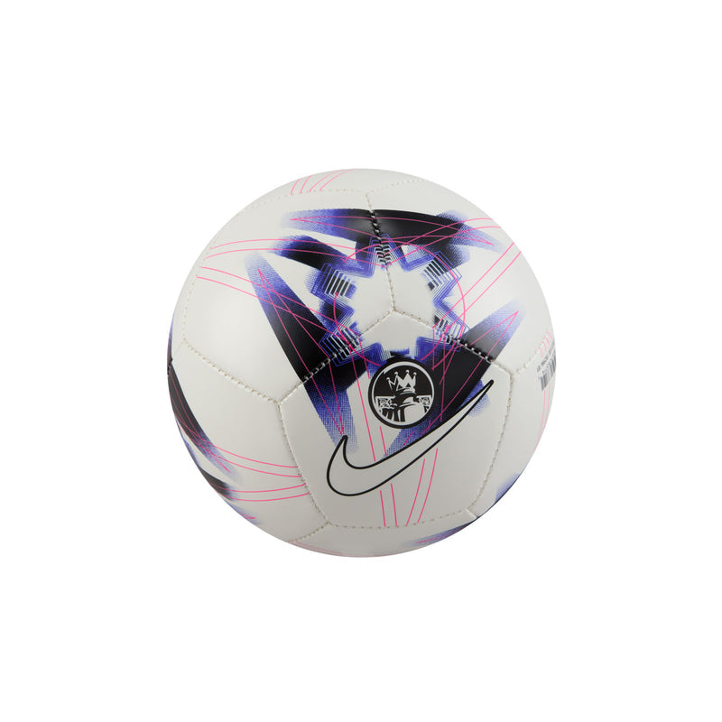 White mini soccer ball with purple and blue graphics, Nike swoosh, Premier League crest