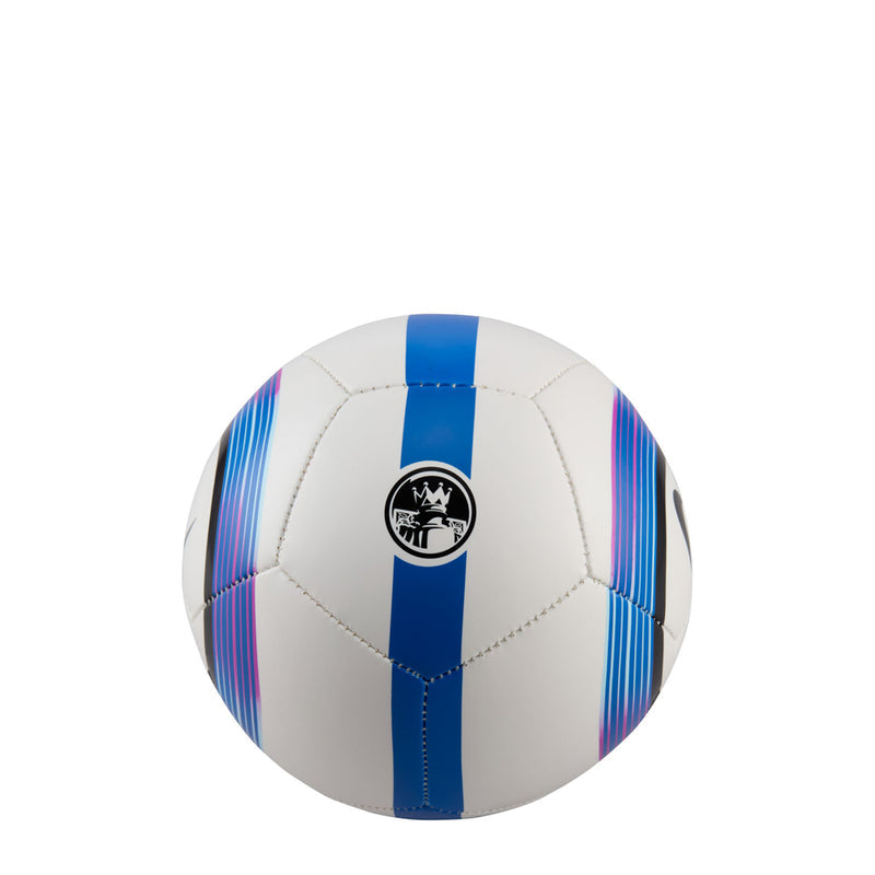 Mini soccer ball, white with blue vertical stripes and center crest