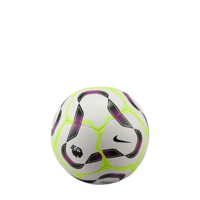 Mini soccer ball in neon yellow, white, and purple with Nike swoosh and Premier League lion