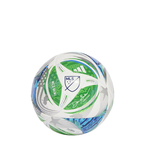 White MLS mini ball with green and blue graphics, star and shield details