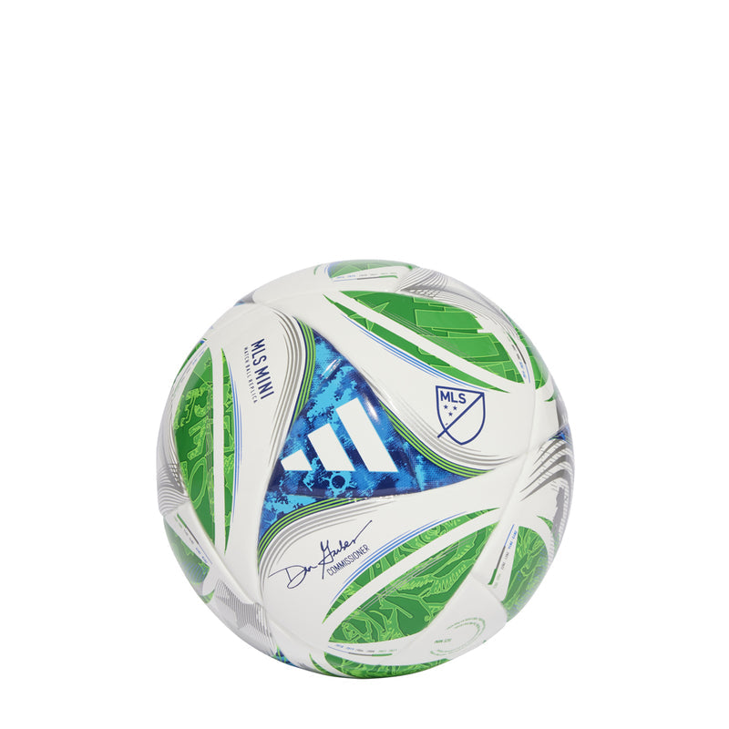 White mini soccer ball with green leaf pattern, blue center panel, MLS logo