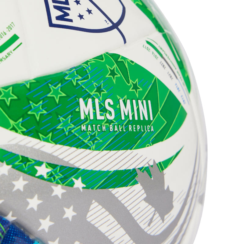 MLS Mini match ball replica graphic on white mini ball with green star stripes