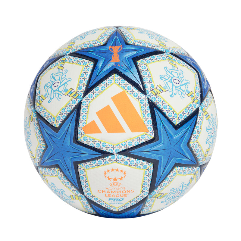 Women's Champions League Pro match ball with blue five-point stars and orange center accents