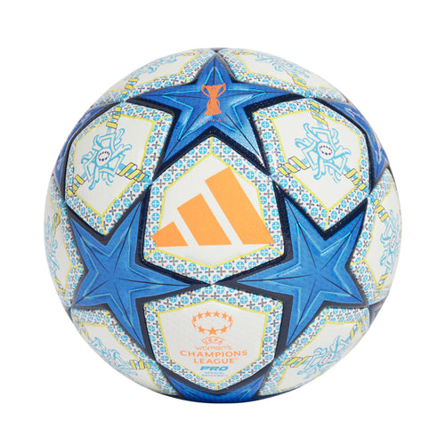 Women's Champions League Pro match ball with blue five-point stars and orange center accents
