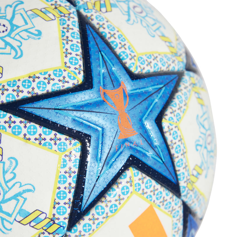 Women's Champions League Pro match ball, large blue star with orange emblem and patterned trim