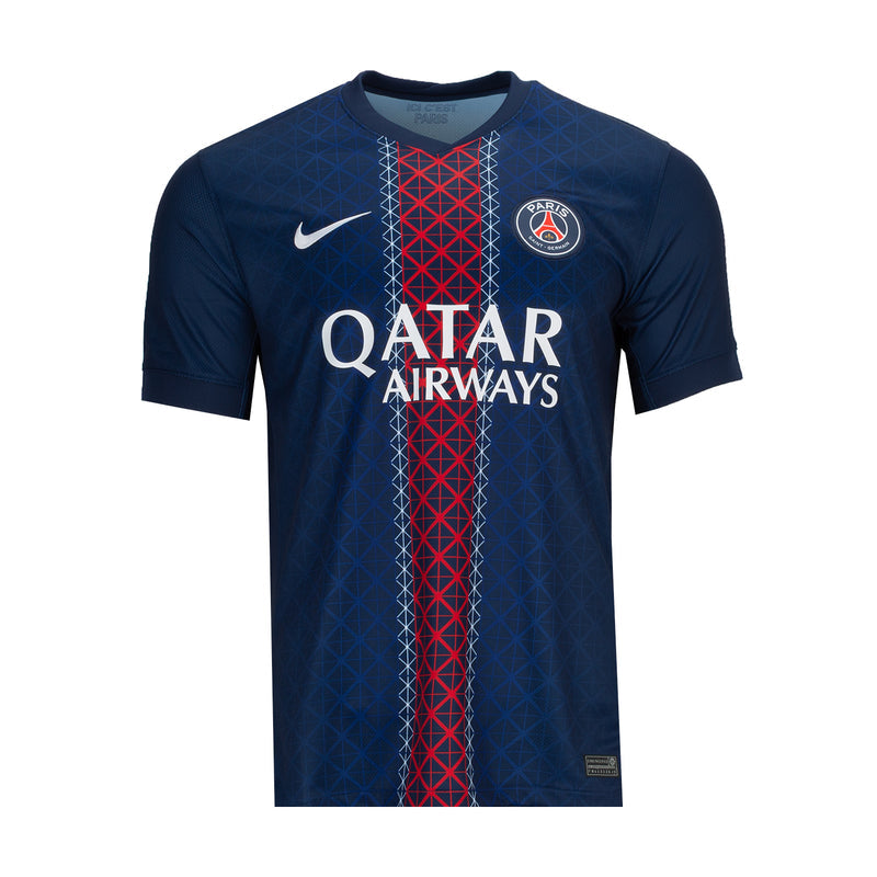 Men's PSG stadium home jersey front, navy with QATAR AIRWAYS and red center stripe
