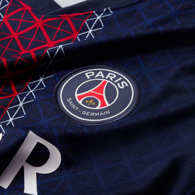 Men's PSG stadium home jersey, Paris Saint-Germain crest and navy geometric pattern