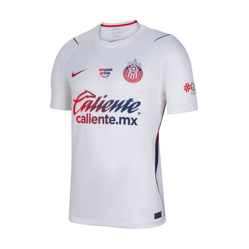 Men's white Chivas away soccer jersey, front crest and red sponsor text