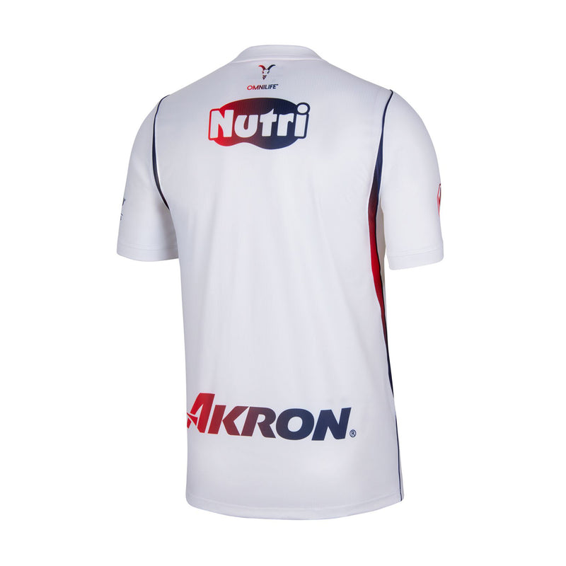 Men's white Chivas away soccer jersey, back view with Nutri and Akron logos