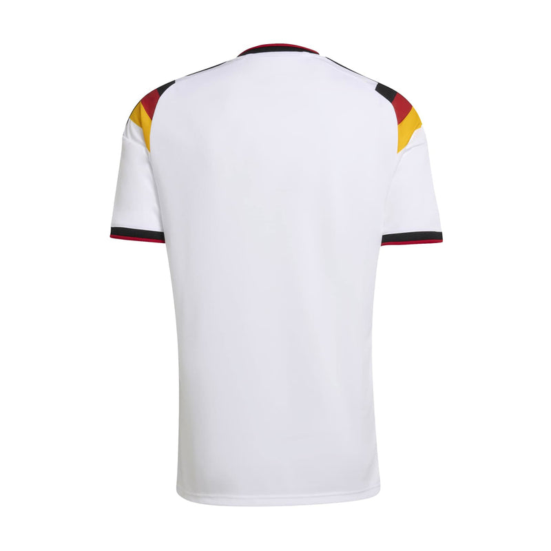 Men's Germany home soccer jersey back view in white with red and black sleeve trim