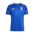 Mens blue soccer jersey with V-neck trim, adidas logo, and Italy crest