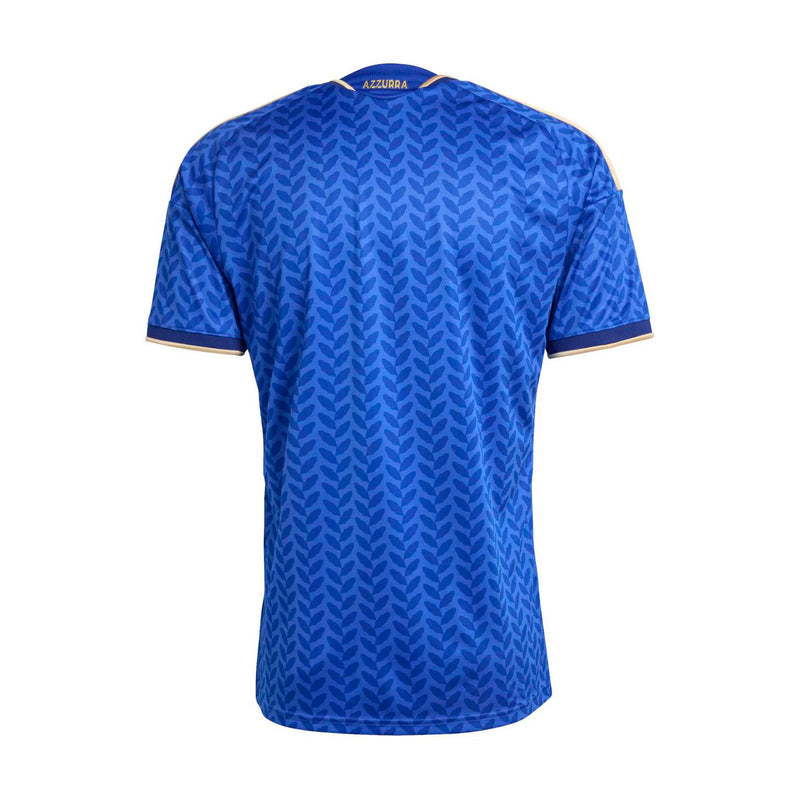 Mens blue soccer jersey back with Azzurra text and patterned fabric