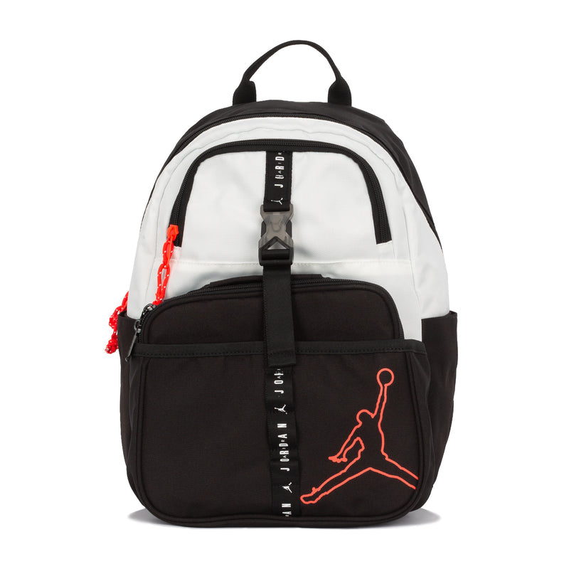 Air Jordan lunch backpack (18L) with white top, black front pocket, red logo
