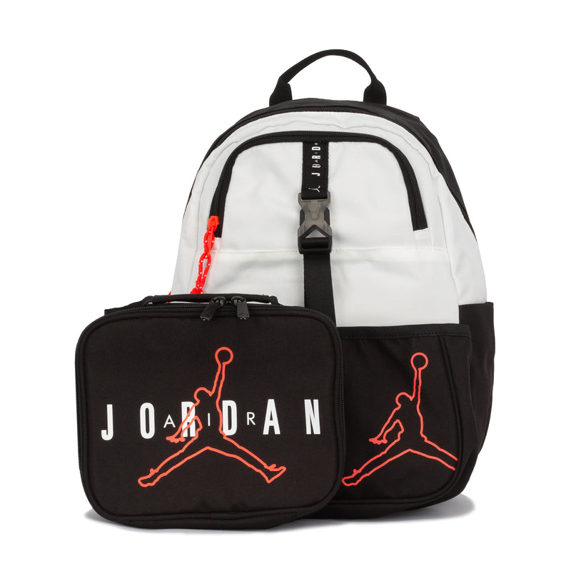 Air Jordan lunch backpack (18L) with black front panel, red Jumpman logo, JORDAN text
