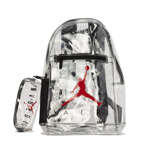 Clear school backpack with red logo, plus matching clear pencil case (2-piece set)