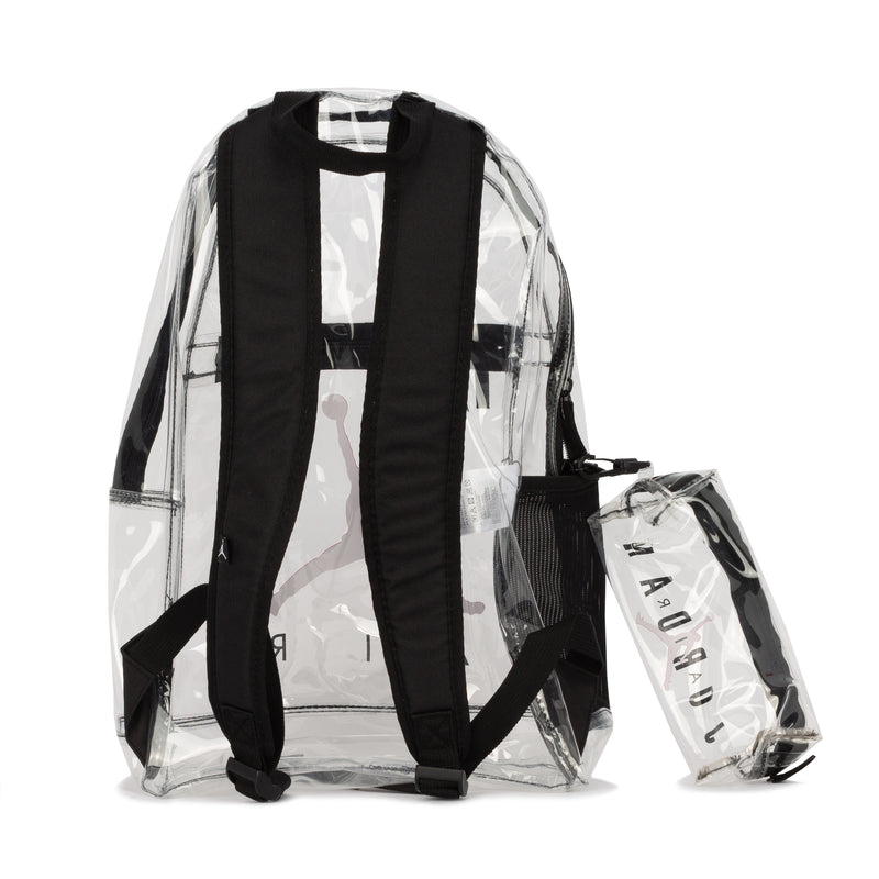 Clear backpack with black straps, with matching clear pencil case—2-piece set