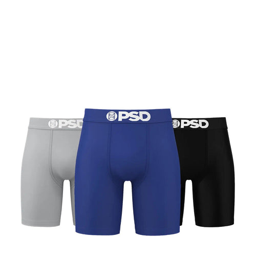 3-pack cotton blend boxer briefs in gray, blue, and black, PSD logo waistband