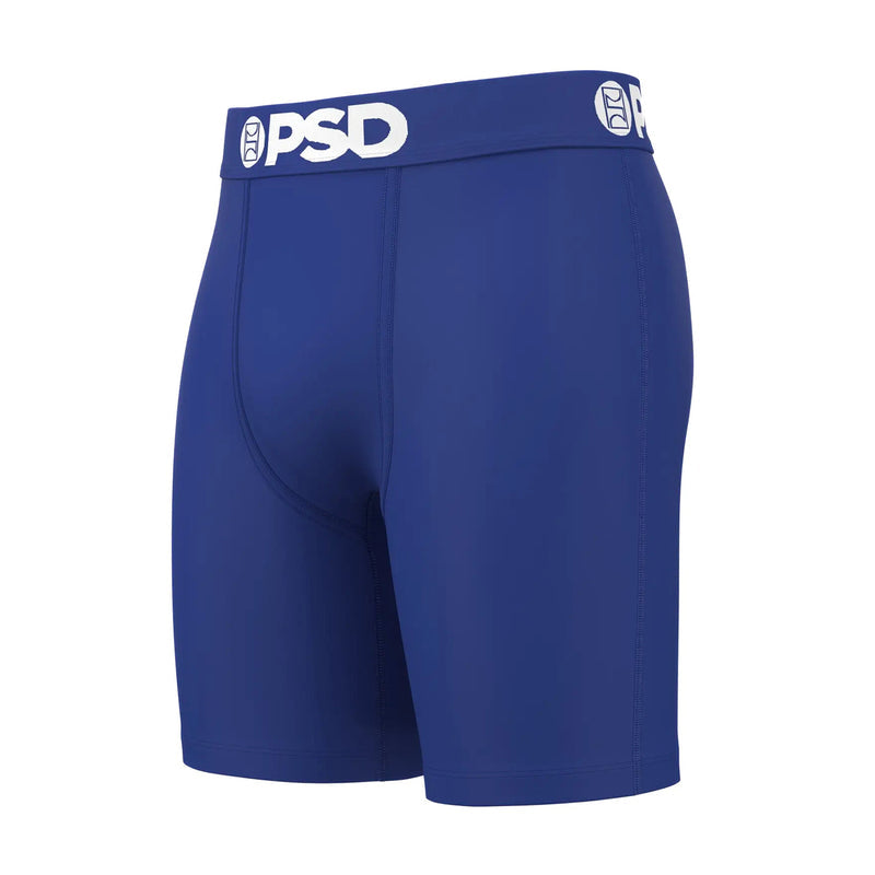 Blue cotton blend boxer briefs with PSD logo waistband, contoured front