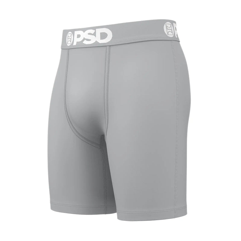 Gray cotton blend boxer briefs with PSD logo waistband, contoured front