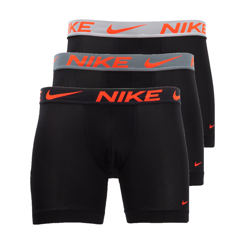 3-pack men's black micro boxer briefs with orange NIKE logos, gray waistband