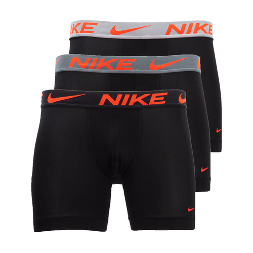 3-pack men's black micro boxer briefs with orange NIKE logos, gray waistband