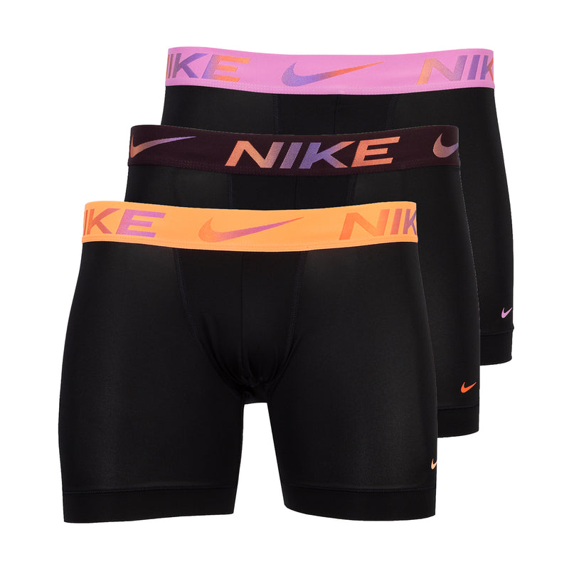 3-pack men's micro boxer briefs, black with pink, orange, and burgundy logo waistbands