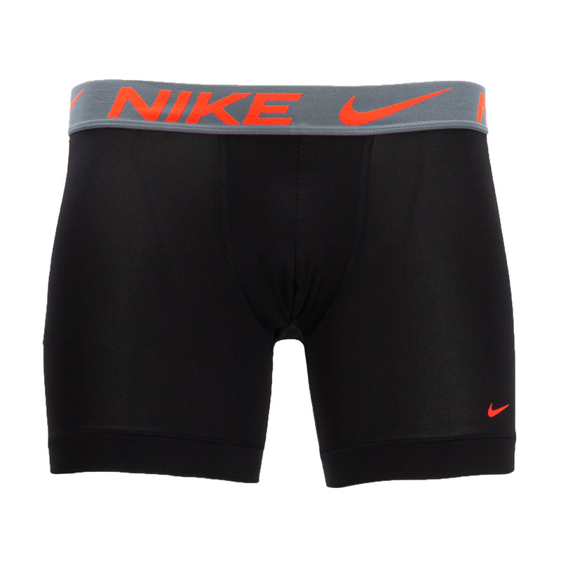 Men's black micro boxer briefs with orange NIKE logo, gray waistband detail