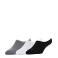 3-pack hidden cushion liner socks, no-show style in grey, white, and black