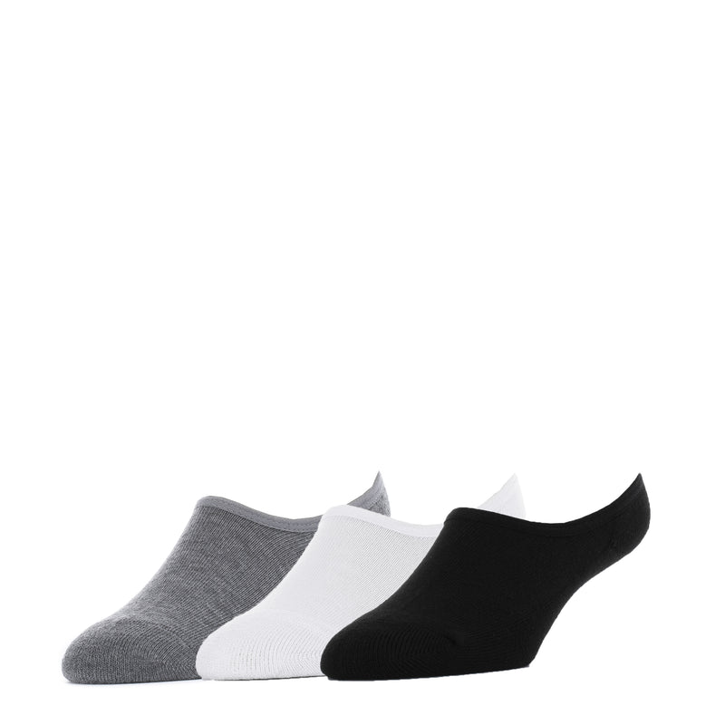 3-pack hidden cushion liner socks, no-show style in grey, white, and black