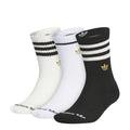 3-pack crew socks with striped bands and gold logo accents on black and white pairs