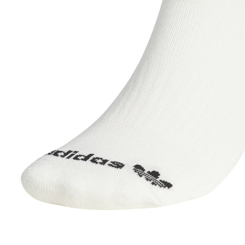 White crew sock with black logo text on the toe