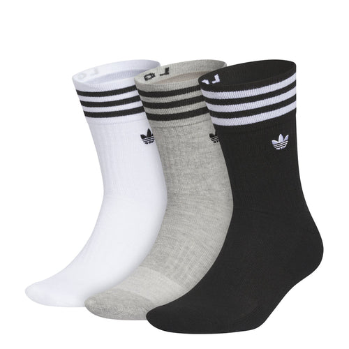 3-pack crew socks in white, heather grey, and black with striped cuffs and logos