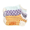3-pack checkerboard socks with Vans logo: purple, orange, and light blue cuffs
