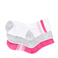 3-pack medium cushion quarter socks: white, gray, and pink stripes with cushioned foot