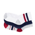 3-pack medium cushion quarter socks, white with navy and red striped cuffs, gray heel/toe.