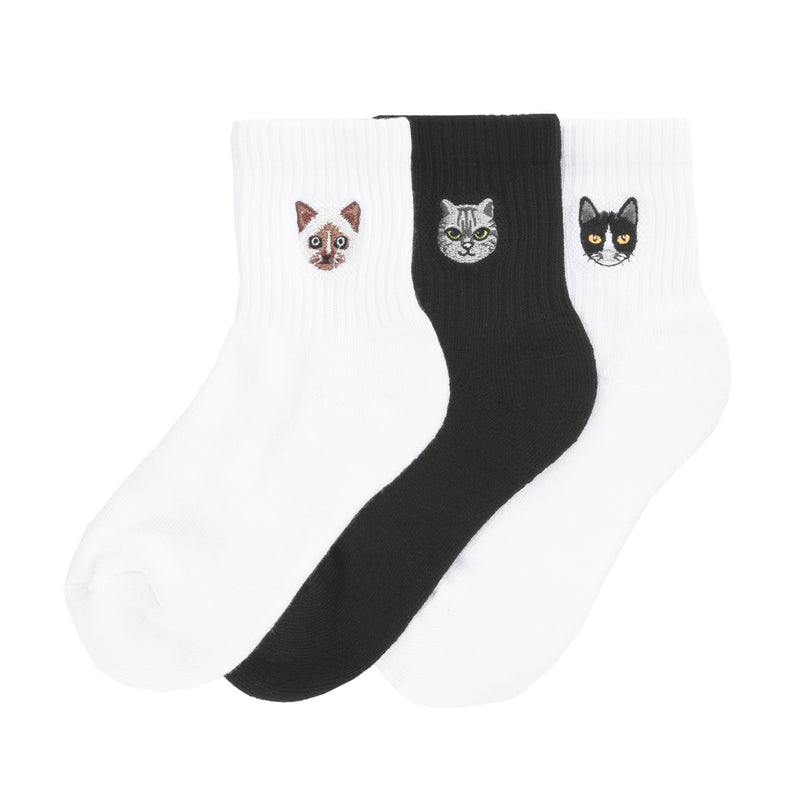 3-pack embroidered half-crew socks in white and black with cat face designs.