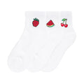 3-pack white quarter socks with strawberry, watermelon, and cherry embroidery