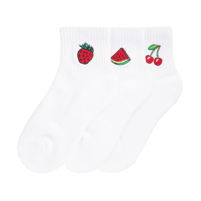 3-pack white quarter socks with strawberry, watermelon, and cherry embroidery