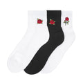 3-pack medium embroidered quarter socks: white and black with red rose accents