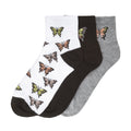 3-pack medium flat knit quarter socks: white butterfly, black, gray solid.