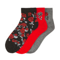 3-pack flat knit quarter socks: black/red rose pattern, plus red and gray solid pairs