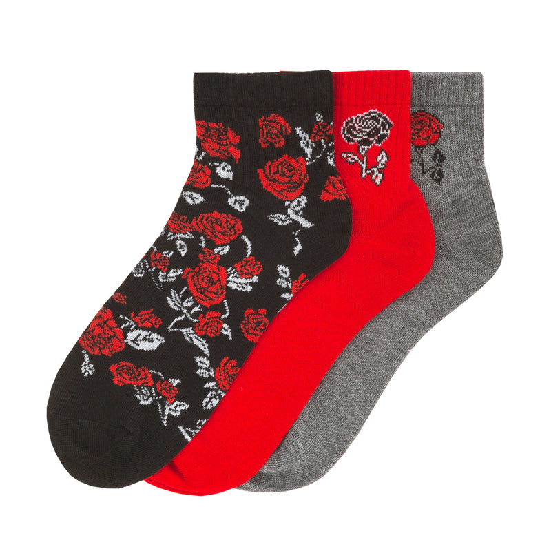 3-pack flat knit quarter socks: black/red rose pattern, plus red and gray solid pairs