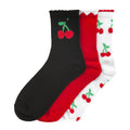 3-pack fuzzy scalloped half crew socks: black, red, and white with cherry prints