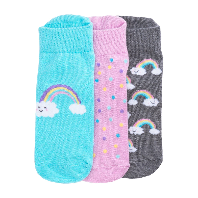 3-pack no-show ankle socks with rainbow-and-cloud prints, blue, pink, gray