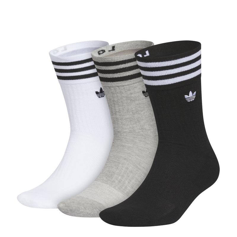 3-pack crew socks in white, heather gray, and black with striped cuffs and logos